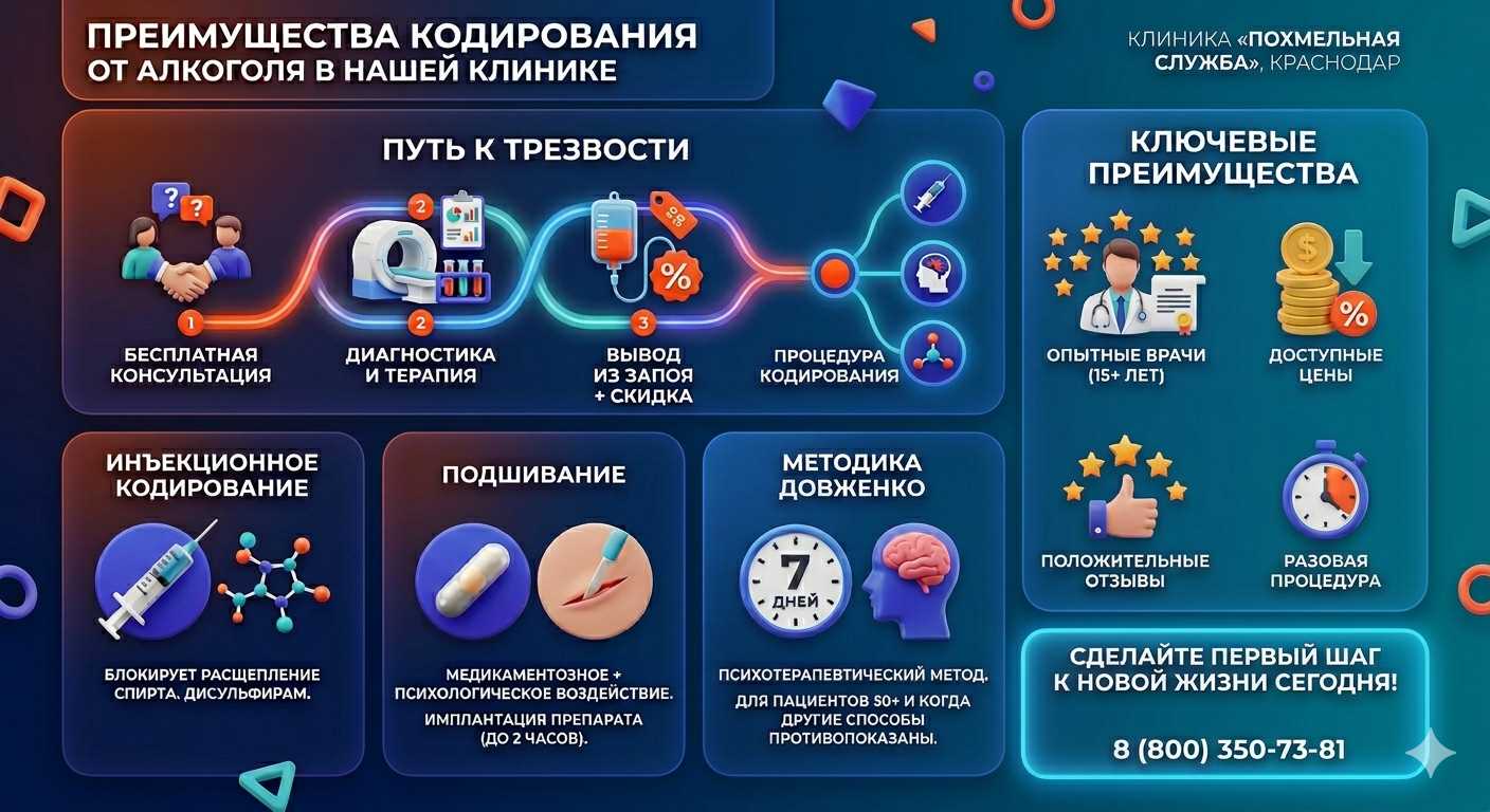 Инфографика о методах кодирования от алкоголя в Анне: инъекции, подшивание, метод Довженко. Преимущества клиники и этапы лечения.