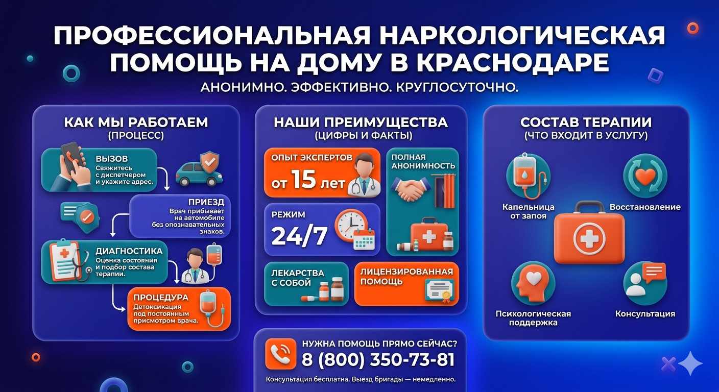 Инфографика о принципах лечения алкоголизма на дому в Анне: этапы вызова нарколога, преимущества анонимной детоксикации и состав медицинской помощи.